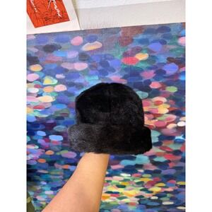 Everitt Vintage Black Faux Fur Pillbox Hat Winter Cuffed Beanie Style